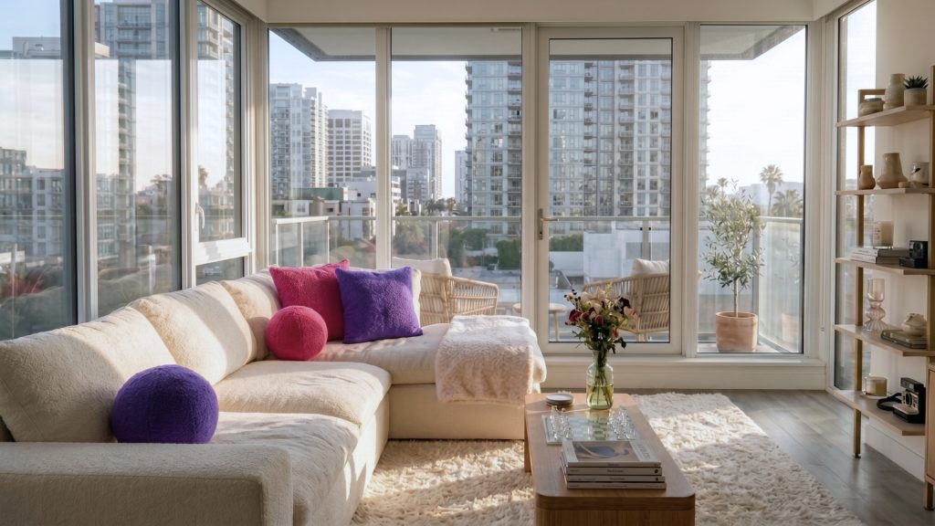 White cloud sofa in a narrow apartment living room