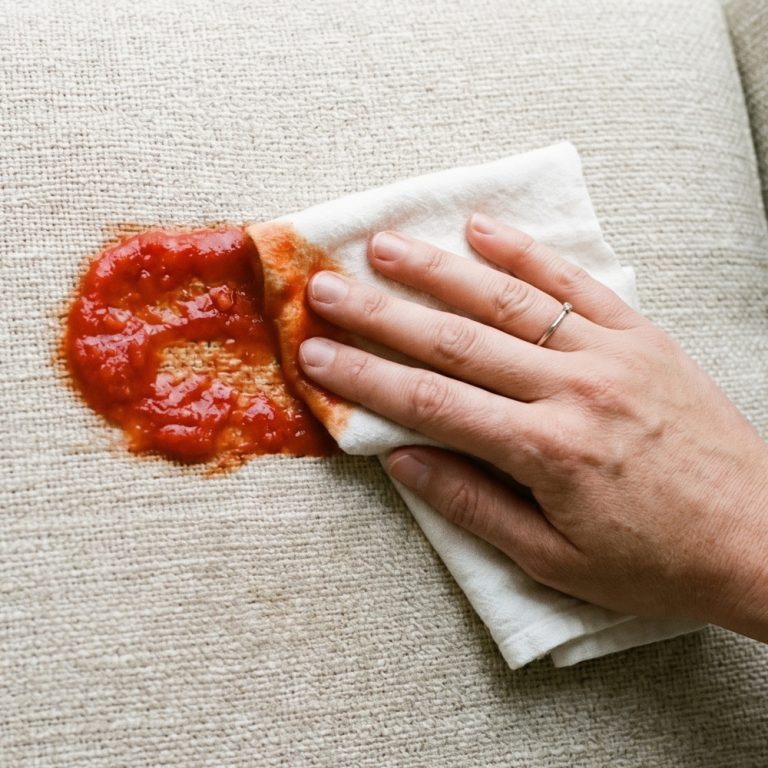 Hand wiping off a ketchup stain from a sofa.