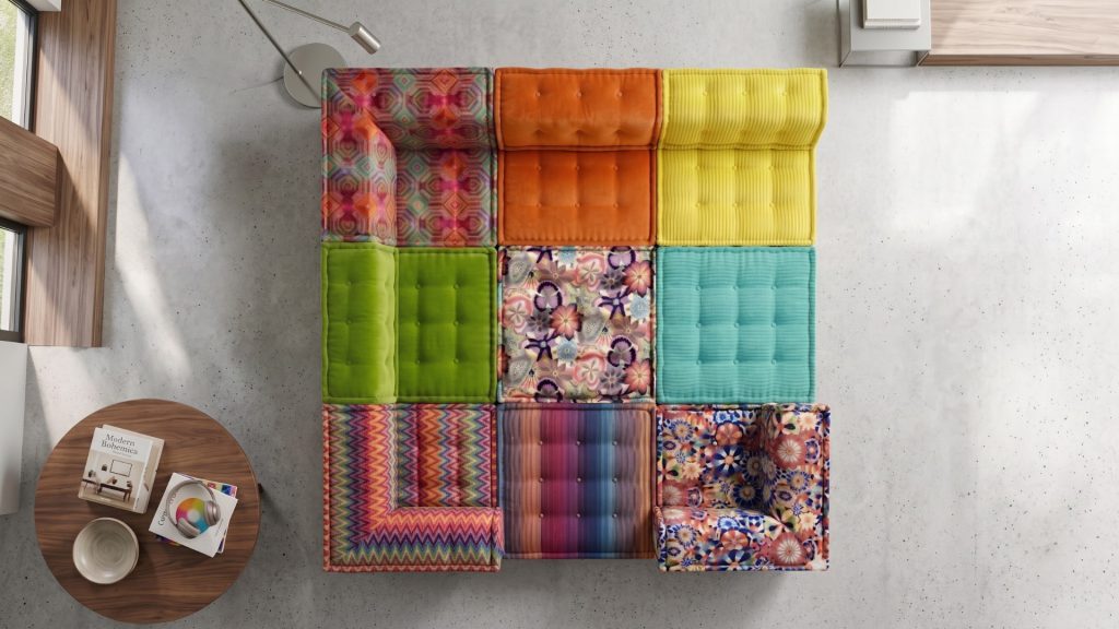 Adorn Croft's Ben Colorful Sofa photographed from above showing the full modular layout