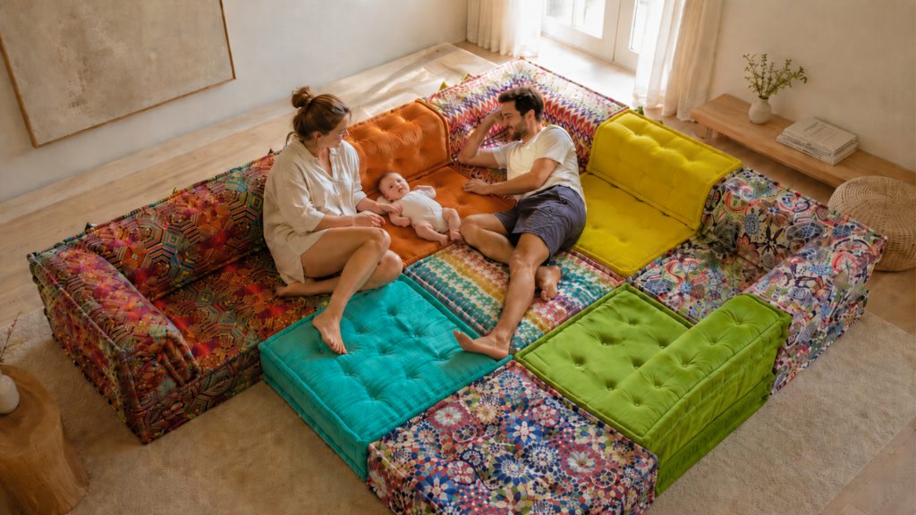 A family relaxing together on Adorn Croft's Ben Colorful Sofa in a bright open living room