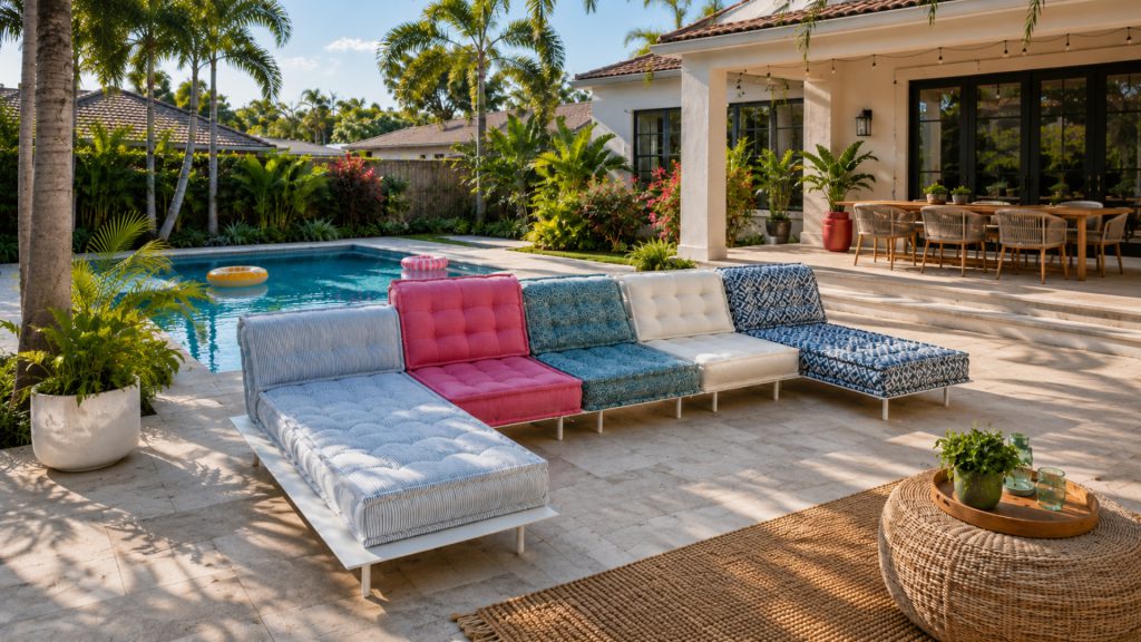 Adorn Croft's Iris Colorful Outdoor Sofa in a multicolored configuration set up beside a pool