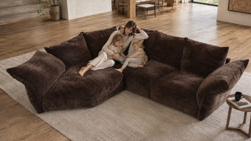 Adorn Croft's Petal Sofa in brown fabric showing the deep seat oversized sectional proportions