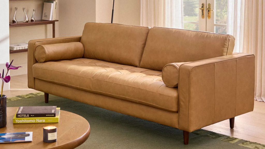 Article Sven 88 tufted leather sofa in tan full-aniline leather with walnut legs