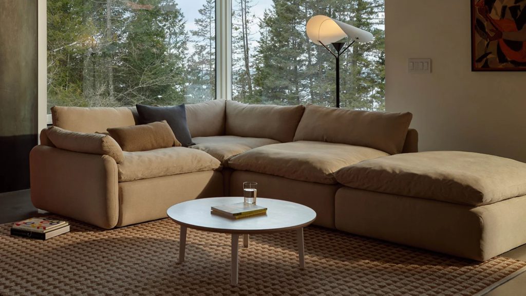 Floyd Sink Down Sectional in performance fabric in a deep-seat configuration in a living room