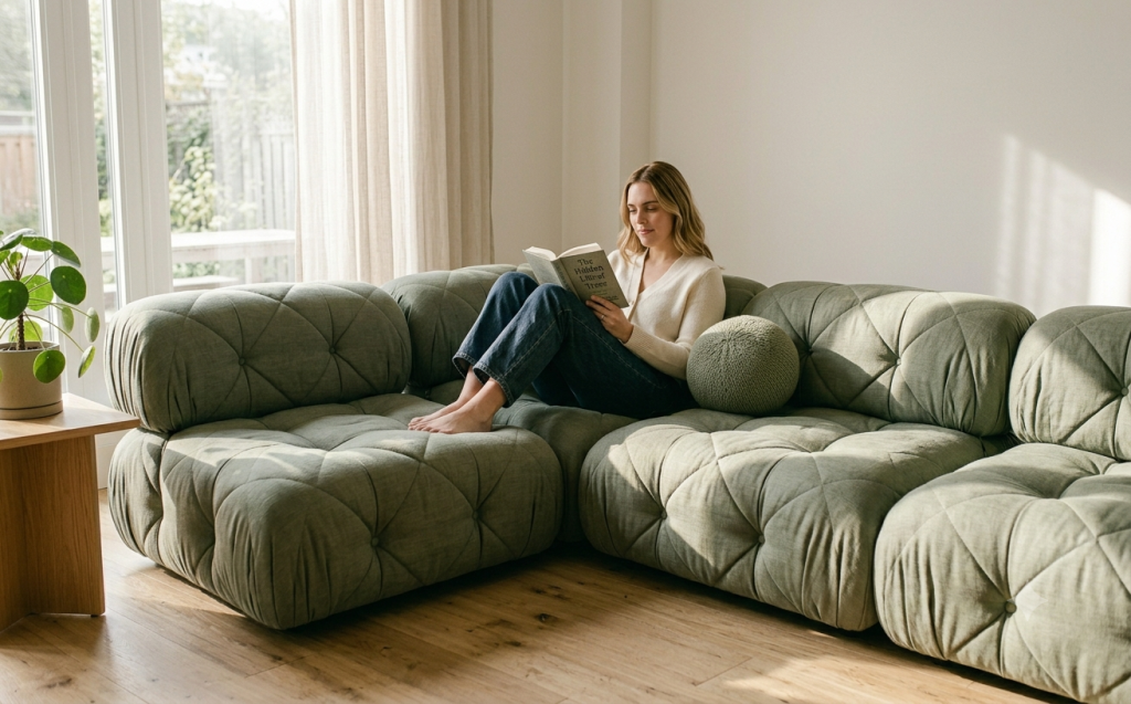 A woman relaxing with a book on a custom Adorn Croft modular sofa in sage green