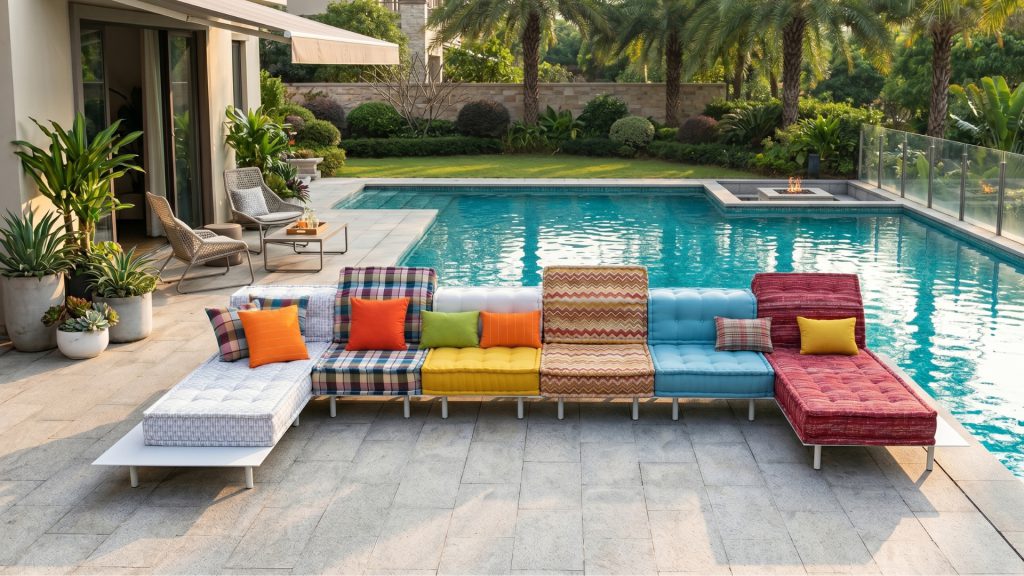 Adorn Croft Iris Outdoor Colorful Sofa in a vibrant color beside a pool on a sunny terrace