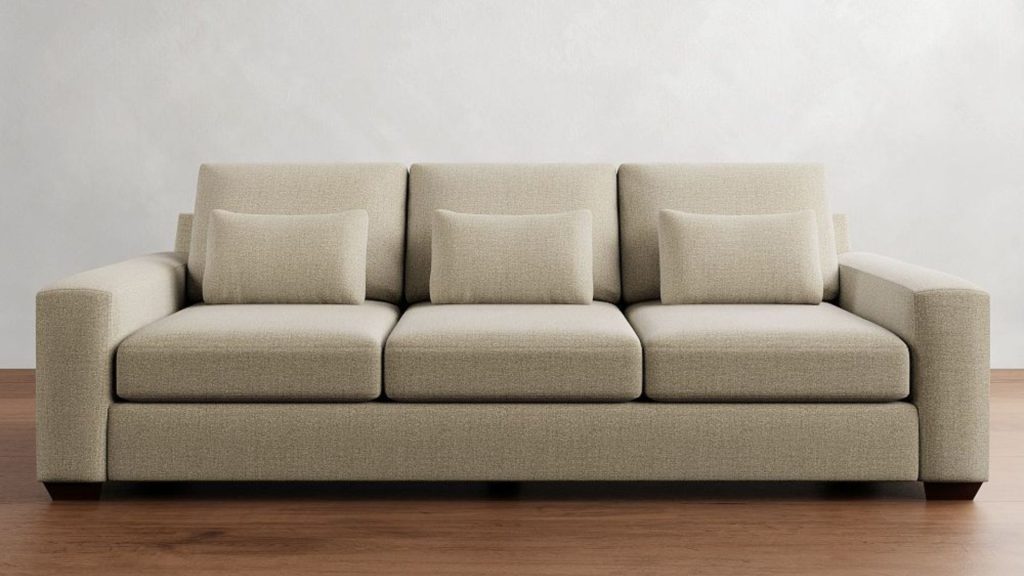 Pottery Barn's Big Sur Deep Seat Sofa in neutral fabric in a modern living room