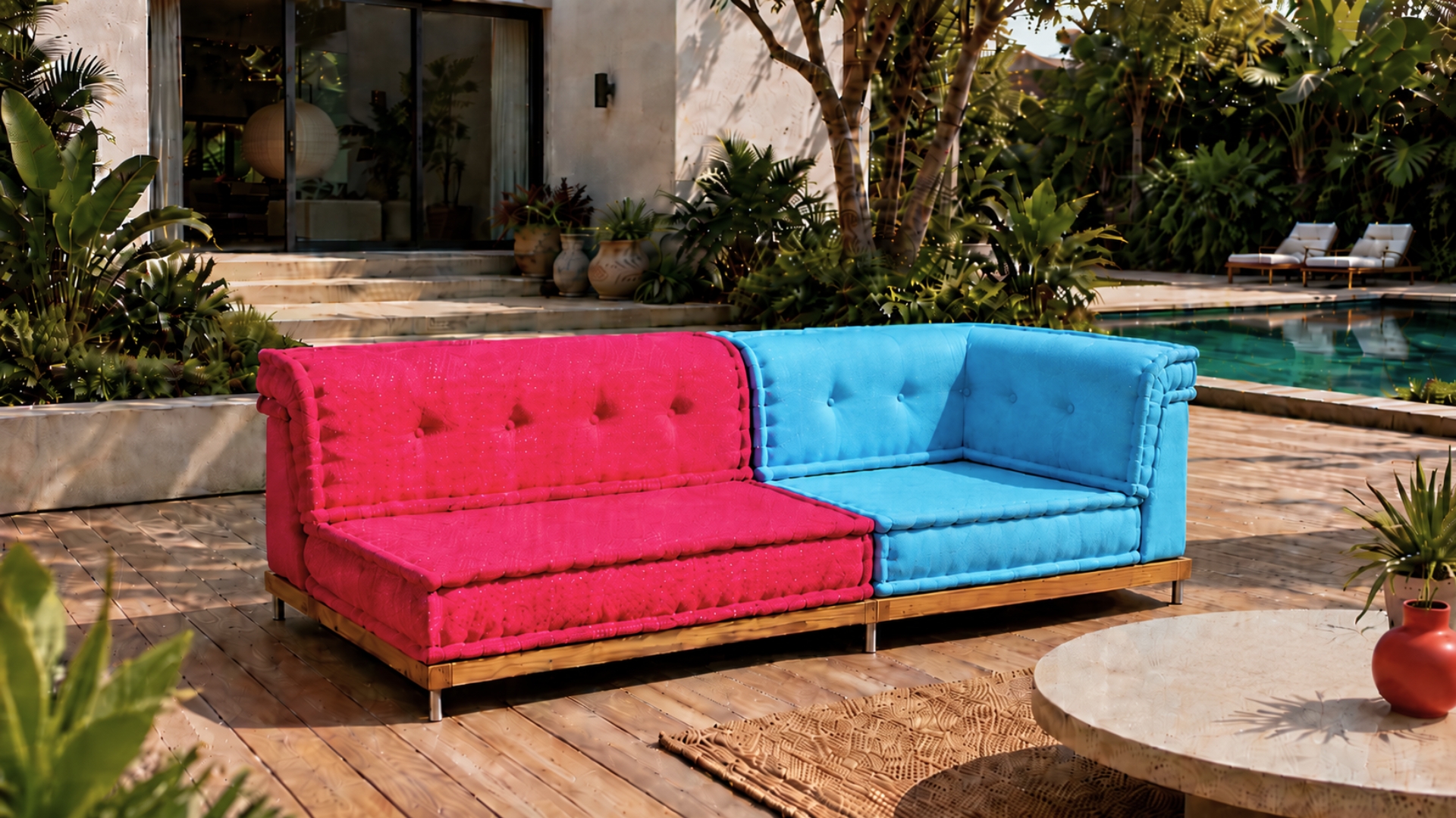 Adorn Croft Iris Outdoor Colorful Sofa in red and blue fabric with a Burma teak base