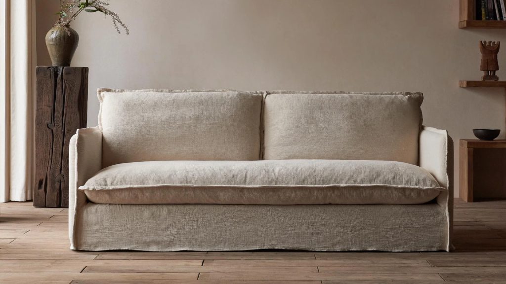 Sixpenny Neva sofa in natural linen slipcover in a relaxed living room setting