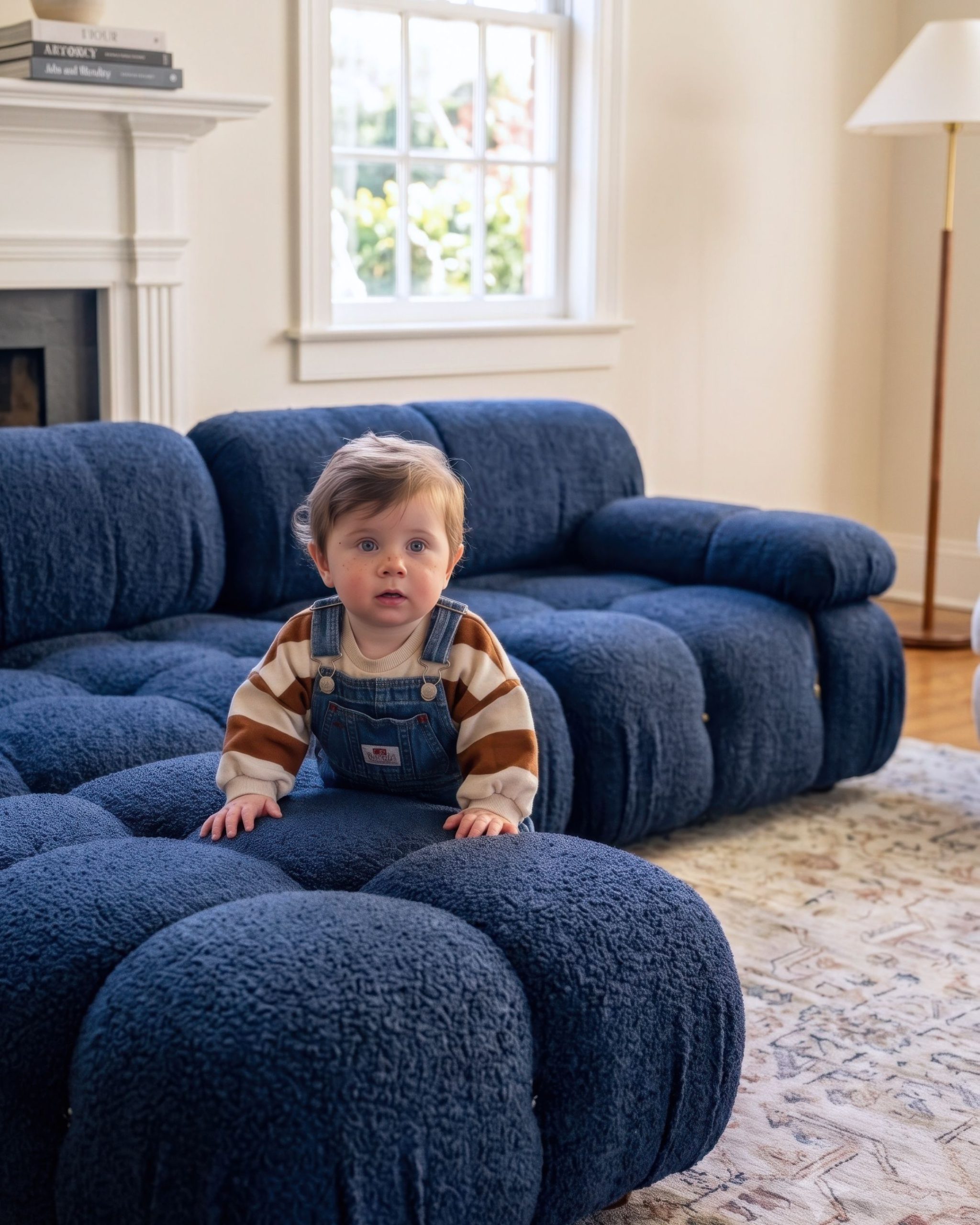 Baby sitting on a navy blue bouclé Camaleonda modular sofa with ottoman