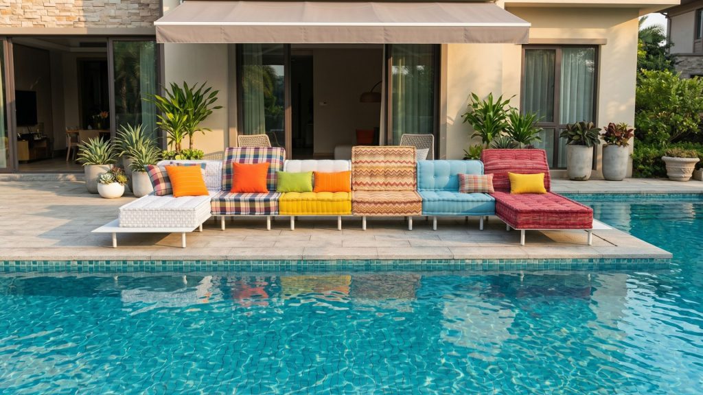 Colorful outdoor sofa sectional set in weather-resistant fabrics beside a pool