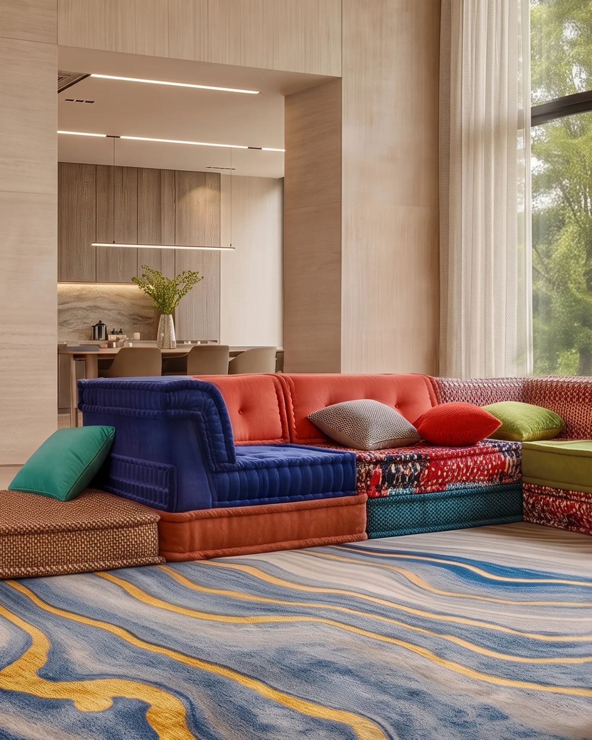 Colorful modular sectional in a modern living room