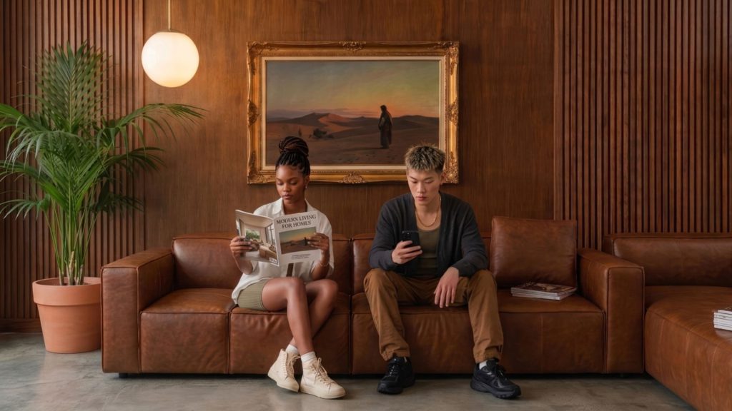 Girl and a boy lounging on a low-profile, bespoke full-grain sofa
