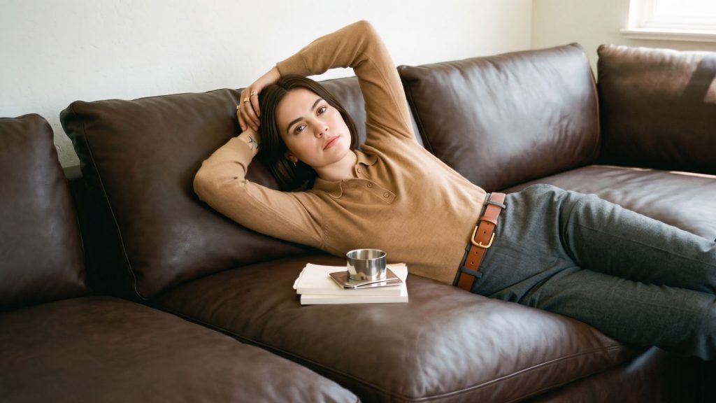Girl sitting on a dark faux leather sofa
