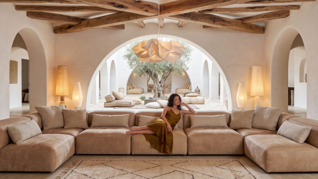 Girl sitting on a large sectional using nubuck leather