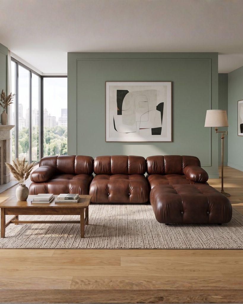 Brown top-grain leather Mario Bellini Camaleonda sectional sofa in a sage green contemporary living room with city views
