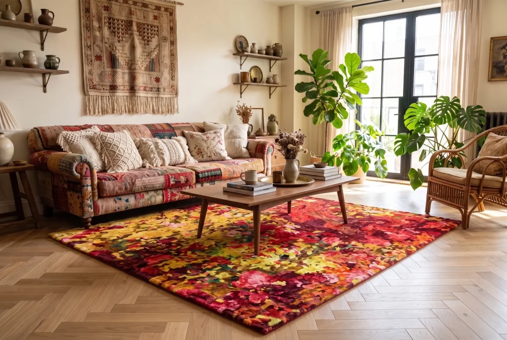 Colorful abstract area rug in an eclectic living room