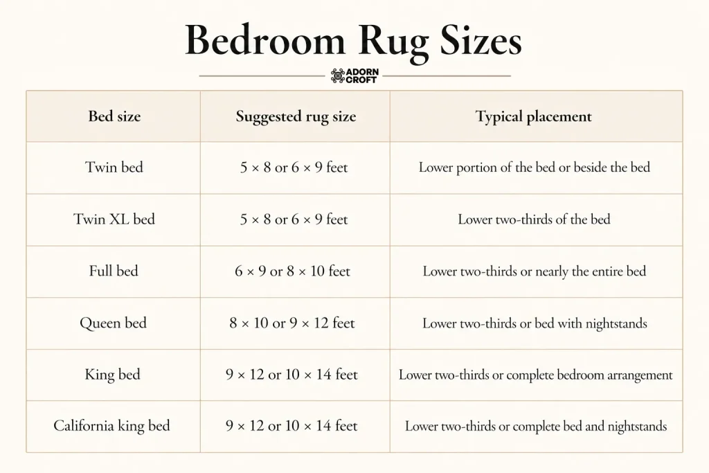 Bedroom rug size chart for twin, full, queen, king & California king beds