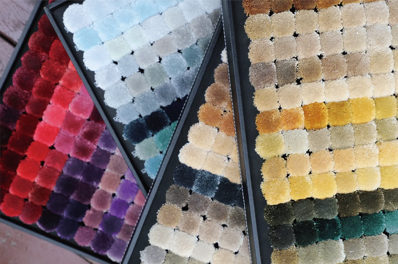 Bespoke rug color swatches showing a wide range of shades