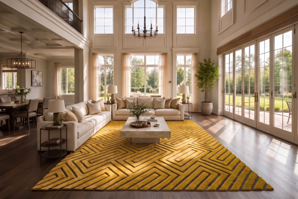 Large bespoke yellow geometric rug anchoring a bright living room with cream sofas