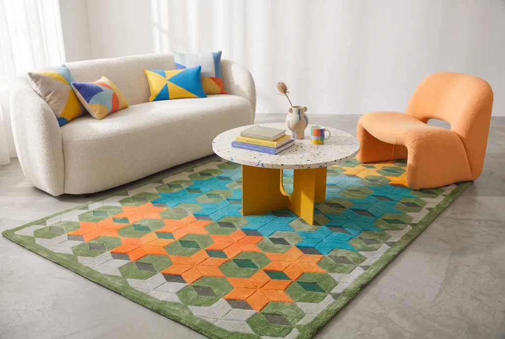 Colorful geometric rectangular rug in a playful modern living room