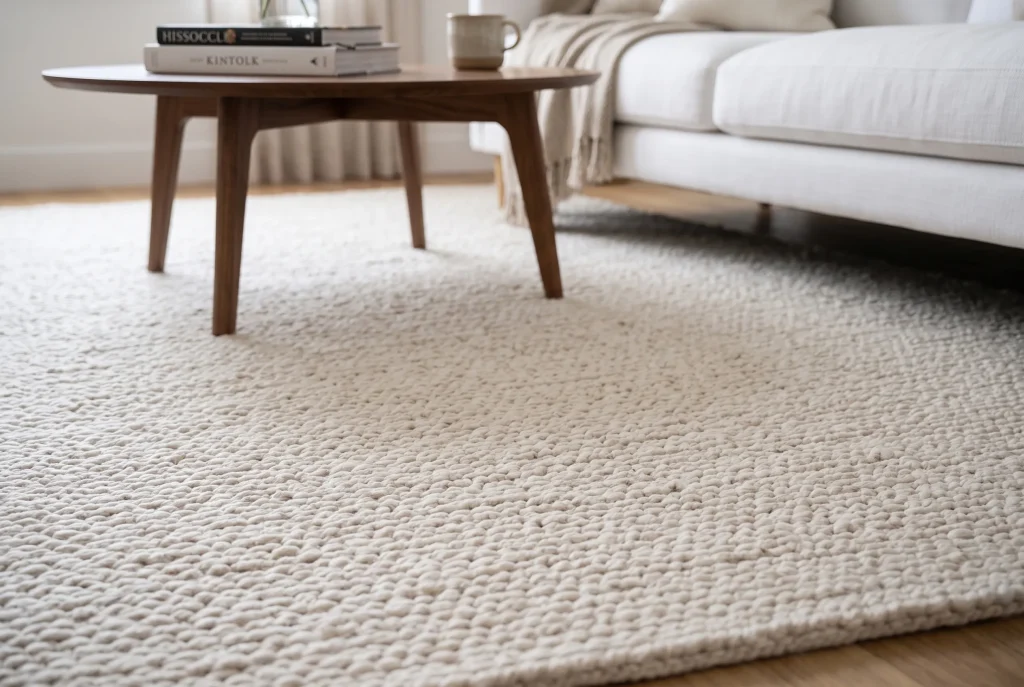 Close-up of a textured cream area rug beneath a living room sofa