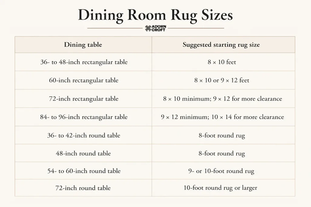 Dining room rug size chart based on dining table dimensions