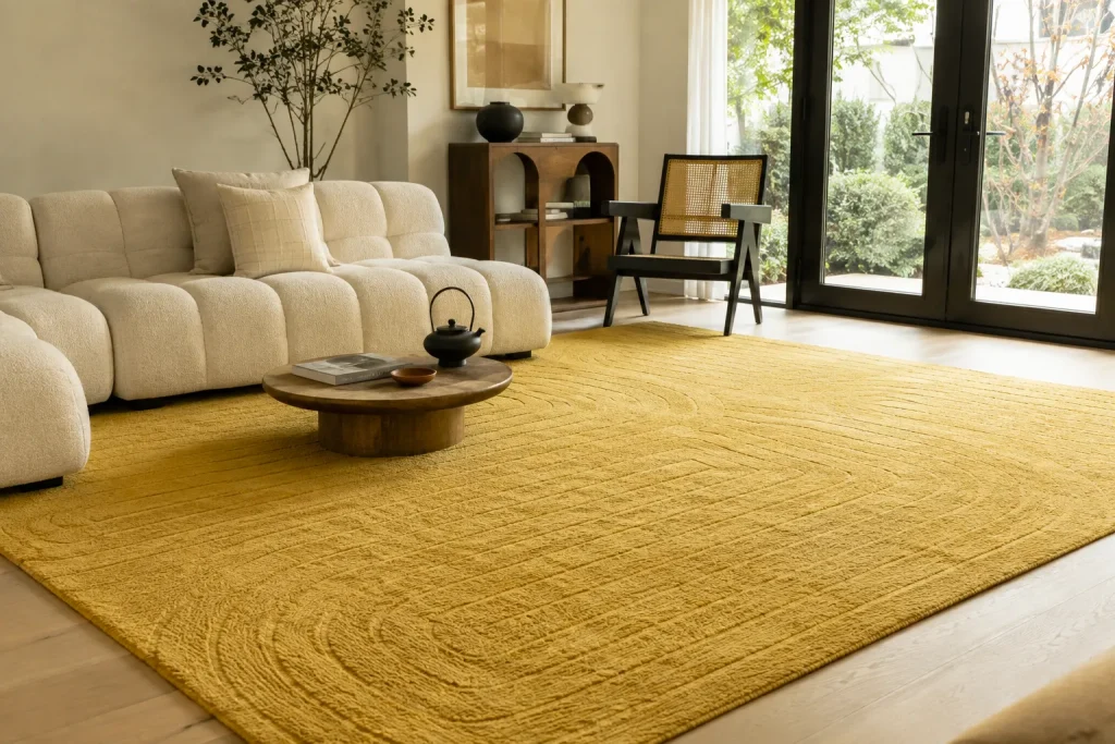 Mustard yellow hand-tufted rug in a modern living room