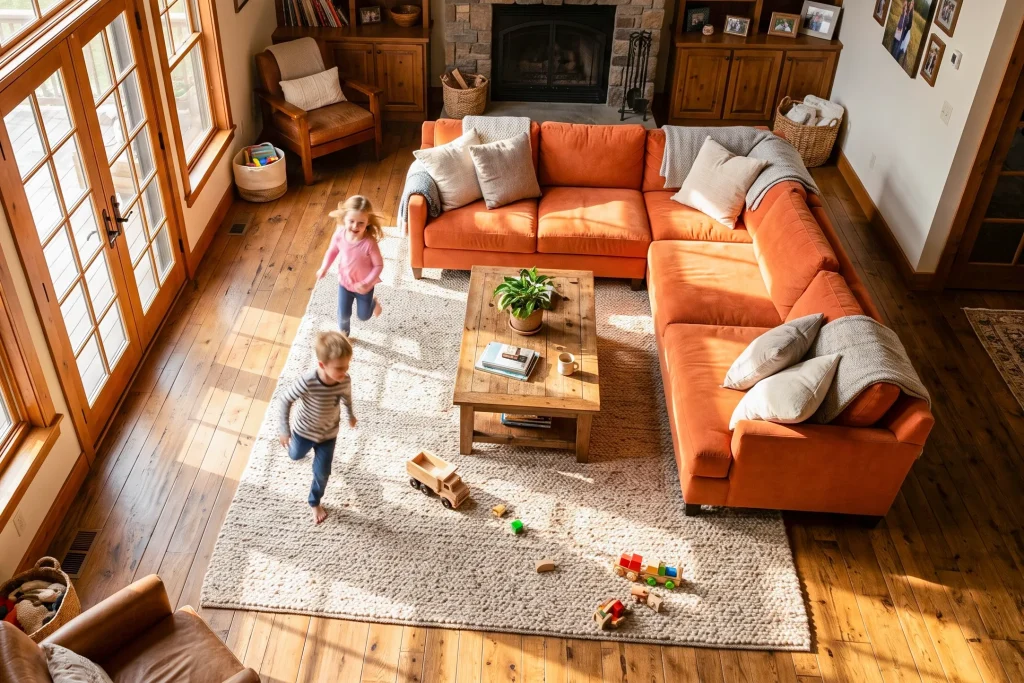 Children playing on a large area rug in a family living room