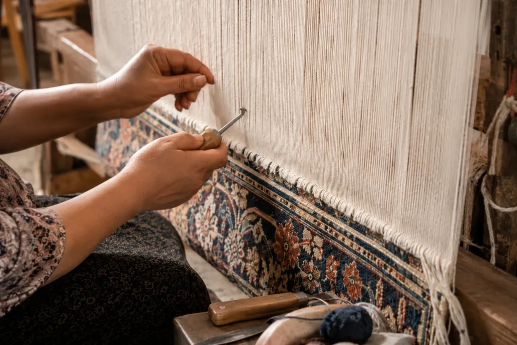 Artisan hand knotting a traditional patterned rug on a vertical loom