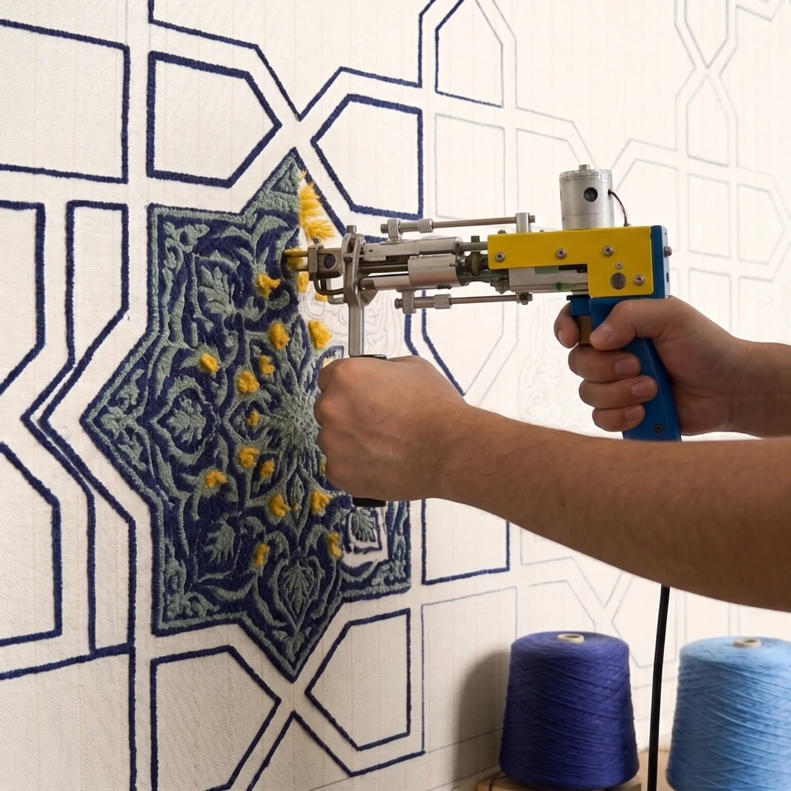 Artisan hand-tufting a bespoke wool rug, tracing the intricate printed design by hand