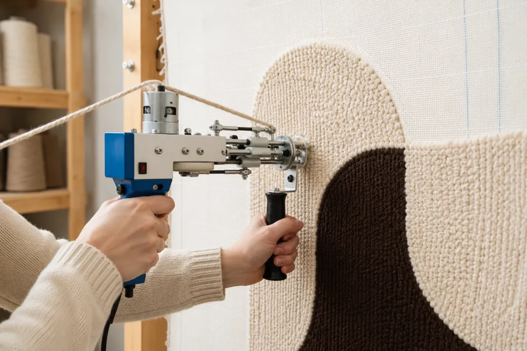 Artisan using a tufting gun to create a contemporary cream and brown curved rug design