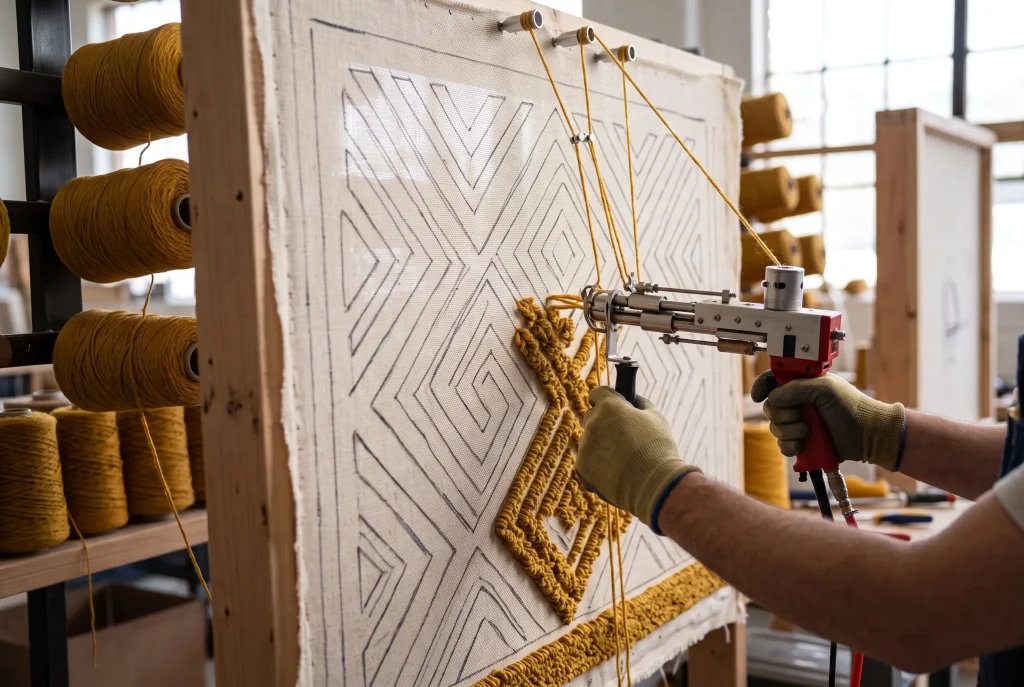 Artisan using a tufting gun to create a yellow geometric rug on a stretched canvas frame