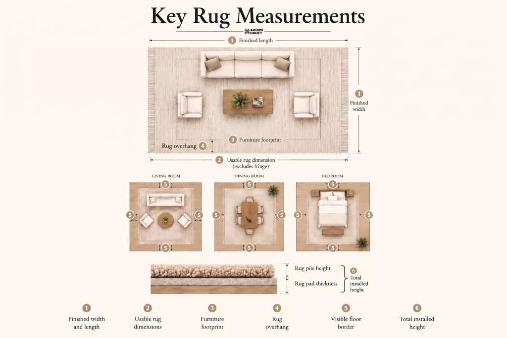 Diagram showing key rug measurements for furniture placement & room sizing