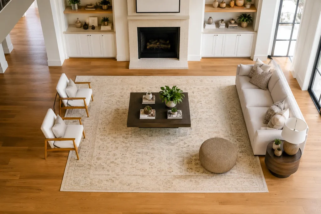 Large light-colored hand-knotted rug in a bright living room