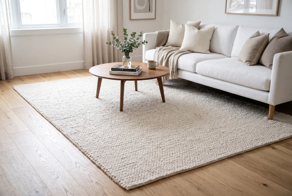 Cream area rug positioned beneath the front legs of a living room sofa