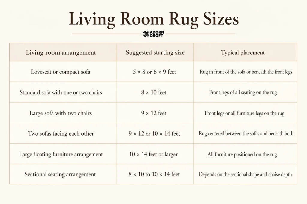 Living room rug size chart with recommended sizes by seating arrangement