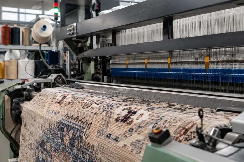 Automated machine weaving a patterned area rug in a rug manufacturing facility
