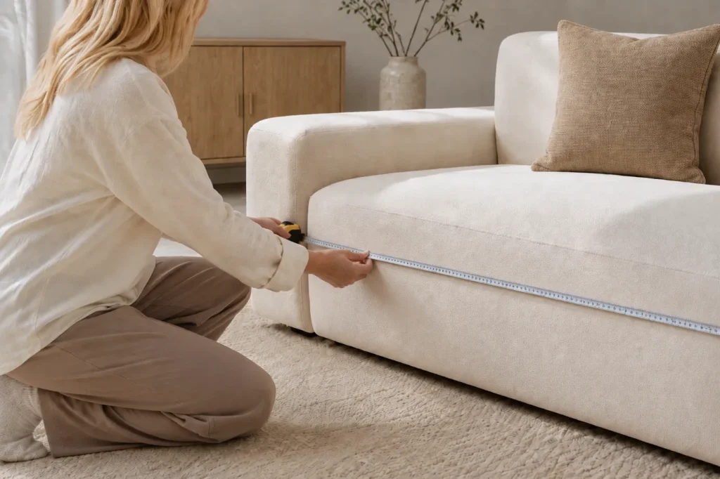 Person measuring a sofa to determine the correct rug size
