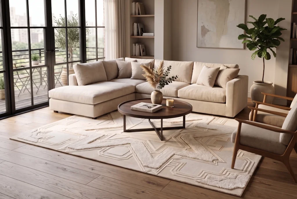 Rectangular area rug anchoring a sectional sofa & chairs in a living room