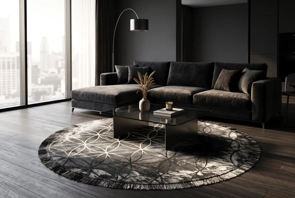 Round black patterned rug beneath a coffee table in a modern living room