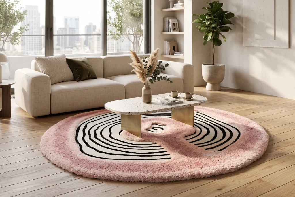 Round pink patterned rug beneath a coffee table in a bright living room