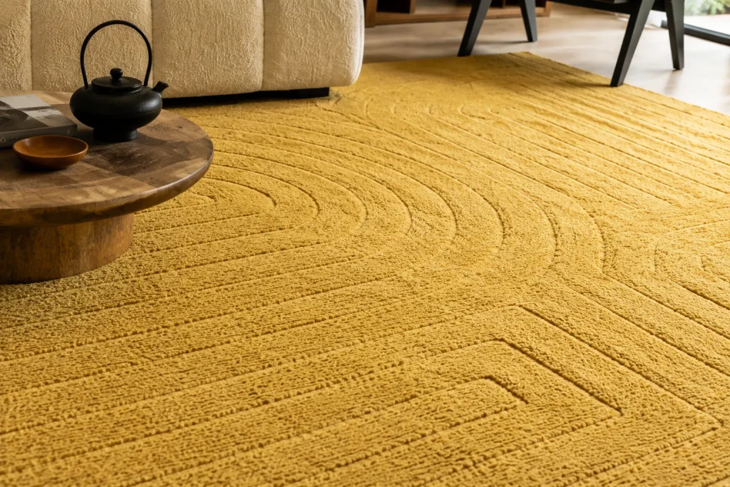 Close-up of a textured mustard yellow hand-tufted rug