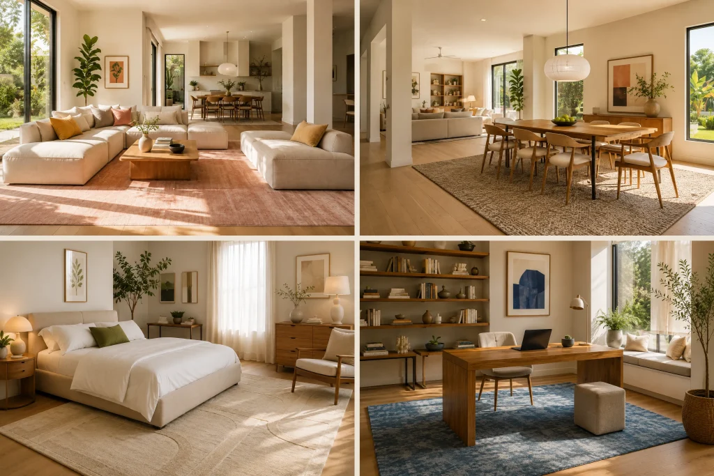 Rugs defining living, dining, bedroom & home office spaces