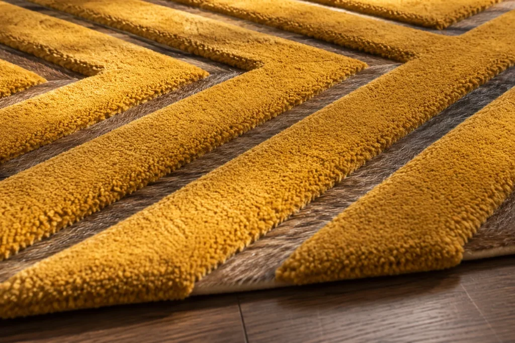 Close-up of a sculpted mustard yellow rug with raised pile and contrasting recessed lines