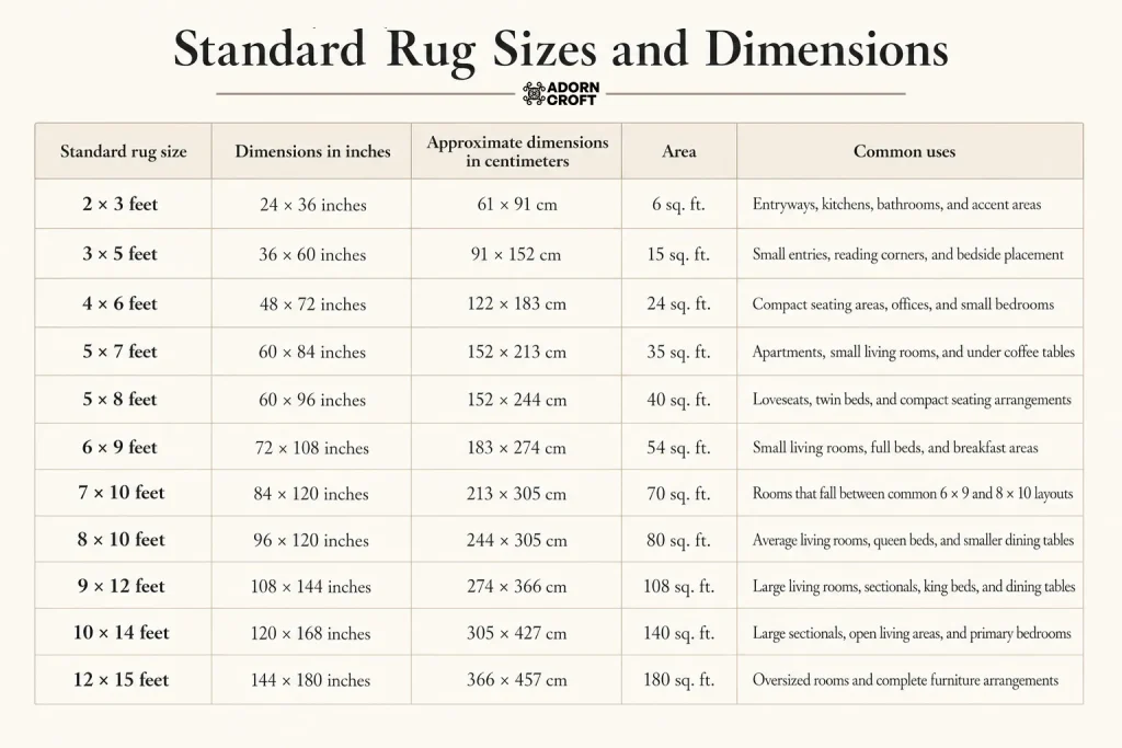 Standard rug size chart with dimensions & common uses