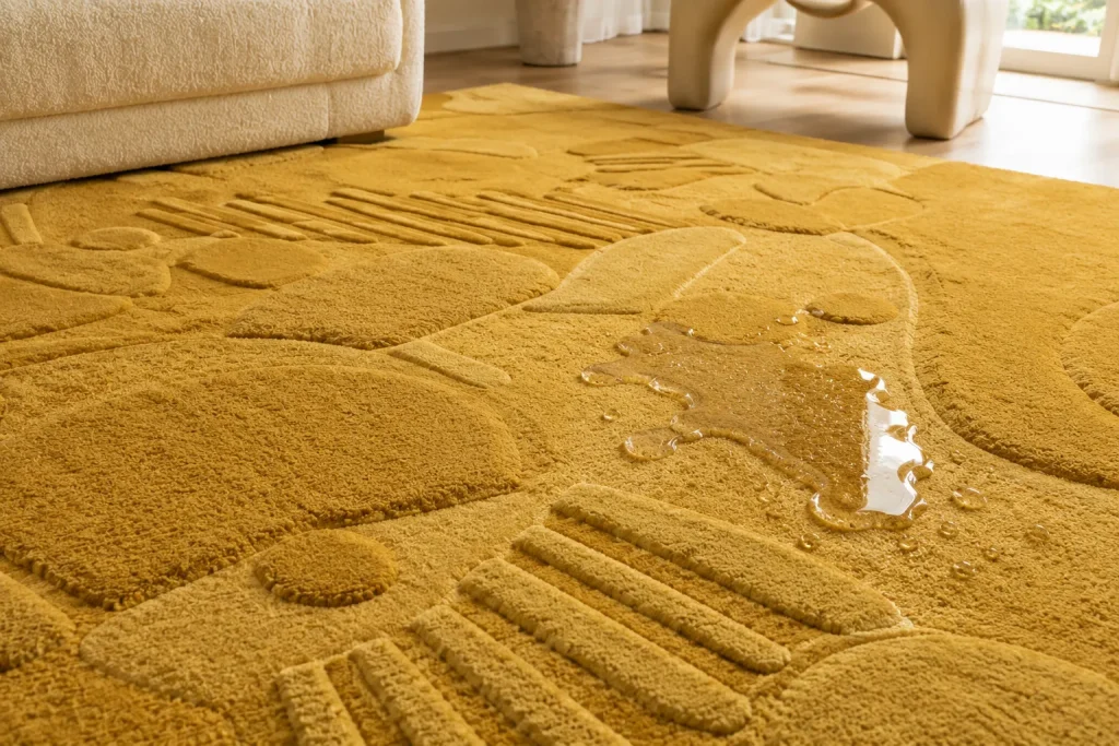 Water spill on a textured mustard yellow hand-tufted rug