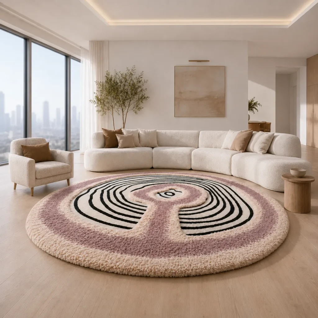 Bespoke irregular wool rug with abstract line pattern in a modern city-view living room