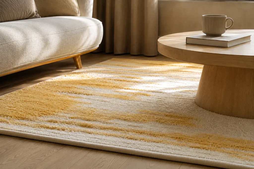 Close-up of a yellow and cream textured area rug showing a blend of materials and pile heights