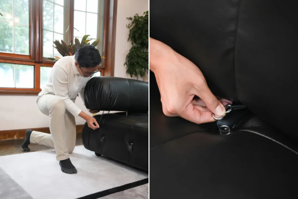 Man adjusting the backrest of a Mario Bellini sectional using its carabiner clipping system